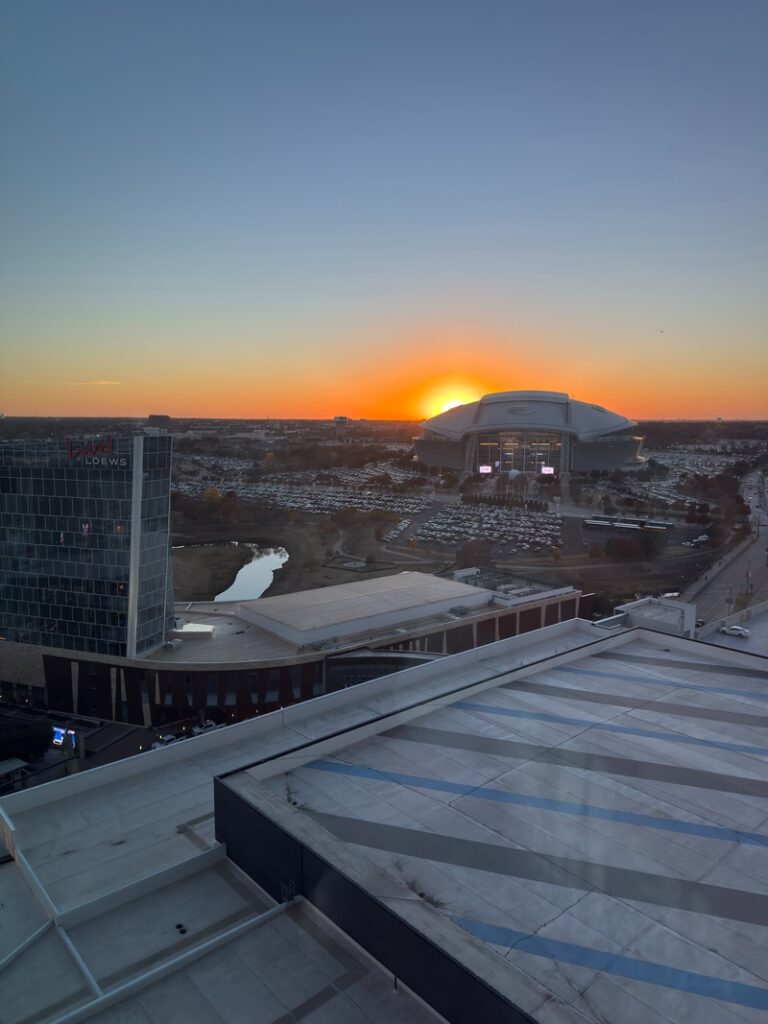 This is AT&T Stadium, home of the Dallas Cowboys, at sunset!